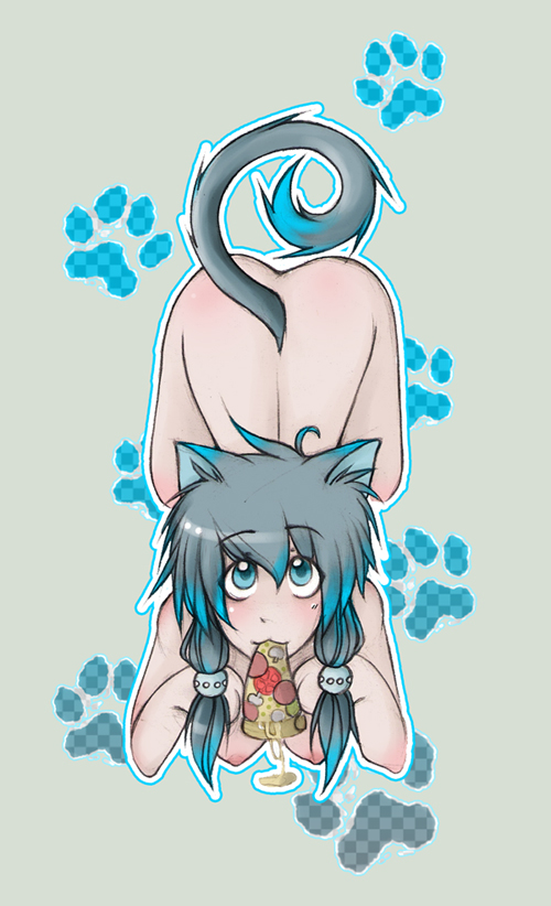 Ray 3: Blue Neko with Pizza